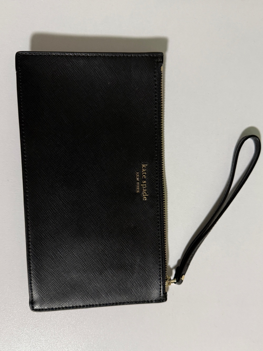 kate spade Black Leather Zip Wristlet Clutch with Gold Logo